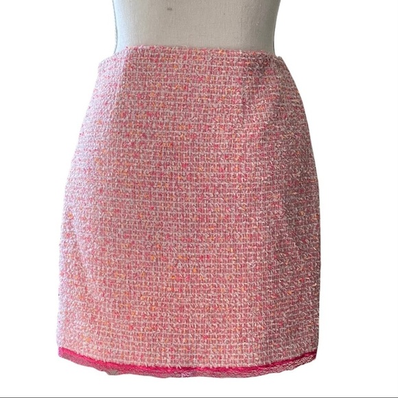 Elie Tahari  pink Barbie core tweed mini lace trimmed skirt w zipper ,size 0 - Picture 1 of 11